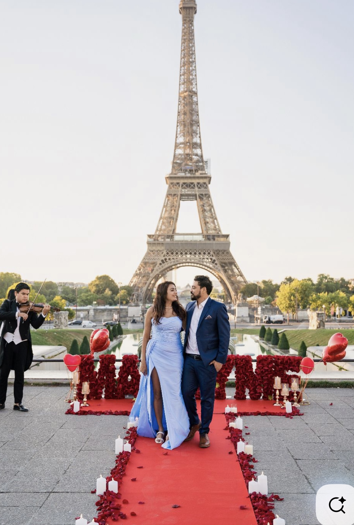 Romantic candlelit Eiffel Tower proposal location by night