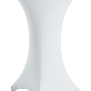 White cocktail table rental in Paris with stretch cover, 110 cm height and 60 cm diameter, available for weddings and events in Paris.