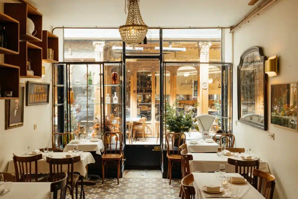 Interior of Racines restaurant inside Passage des Panoramas in Paris 2nd arrondissement