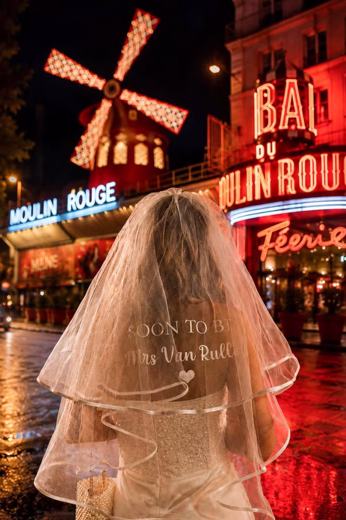 Bride seen from behind with personalized "Soon to be Mrs" veil standing in front of illuminated Moulin Rouge at night on wet cobblestone street, Paris