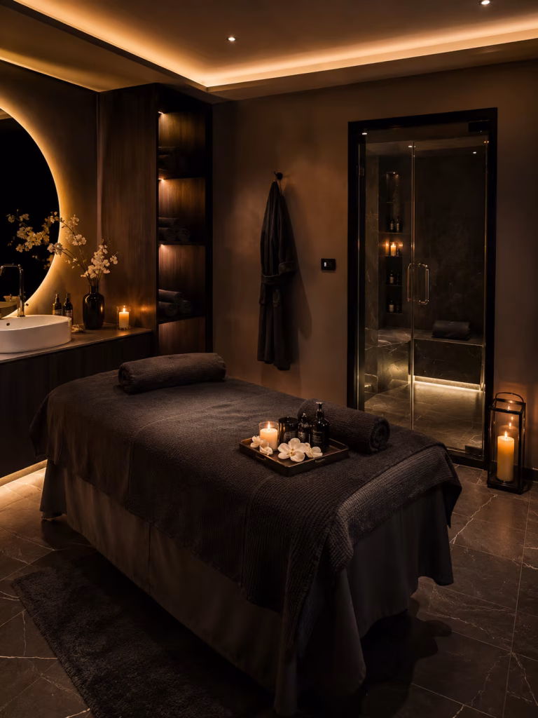 Luxury spa treatment room in Paris with dark massage table, candles, steam room, robes and warm amber lighting